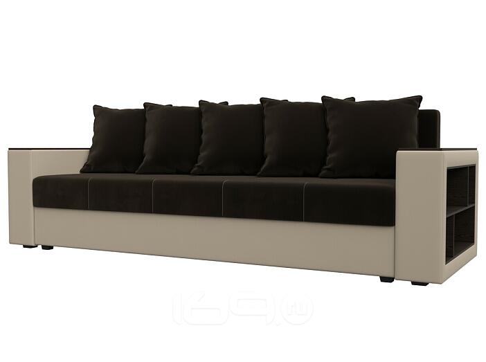Диван прямой дубай лайт полки справа микровельвет/экокожа коричневый/бежевый еврокнижка