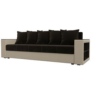 Диван прямой дубай лайт полки справа микровельвет/экокожа коричневый/бежевый еврокнижка