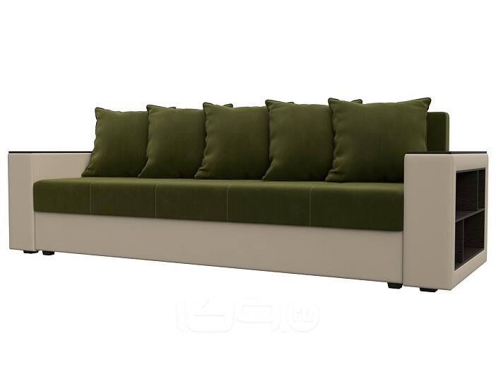Диван прямой дубай лайт полки справа микровельвет/экокожа зелёный/бежевый еврокнижка