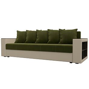 Диван прямой дубай лайт полки справа микровельвет/экокожа зелёный/бежевый еврокнижка