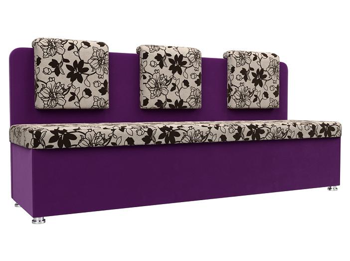 Кухонный прямой диван Маккон 3-х местный Рогожка/Микровельвет Цветы/Фиолетовый