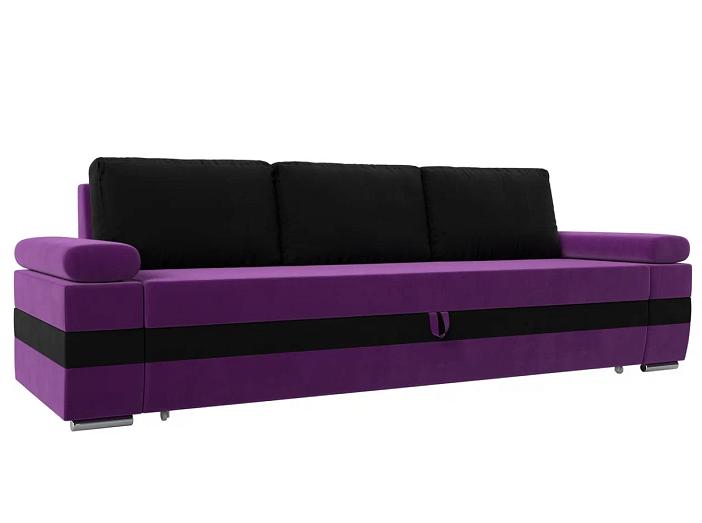 Прямой диван Канкун основа Микровельвет Фиолетовый, вставка Микровельвет Черный, подушки Микровельвет Черный
