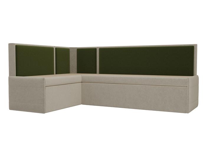 Кухонный угловой диван Кристина левый (основа микровельвет бежевый, компаньон микровельвет зеленый)