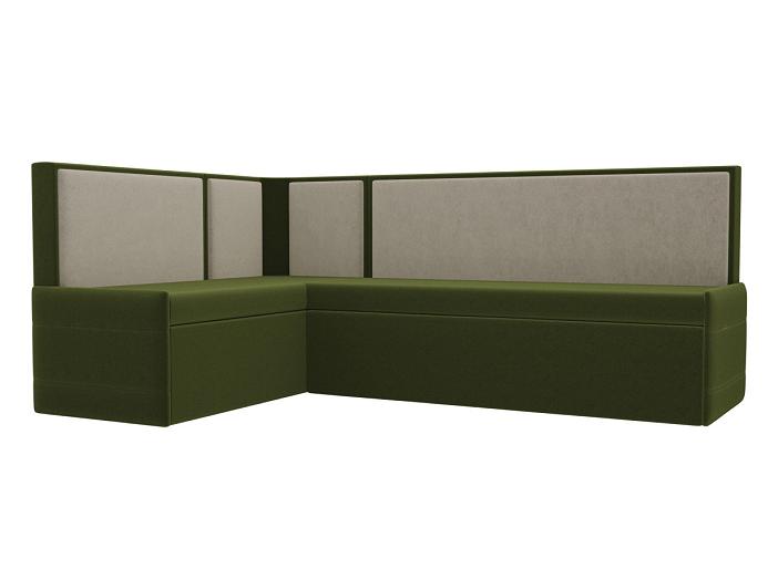 Кухонный угловой диван Кристина левый (основа микровельвет зеленый, компаньон микровельвет бежевый)