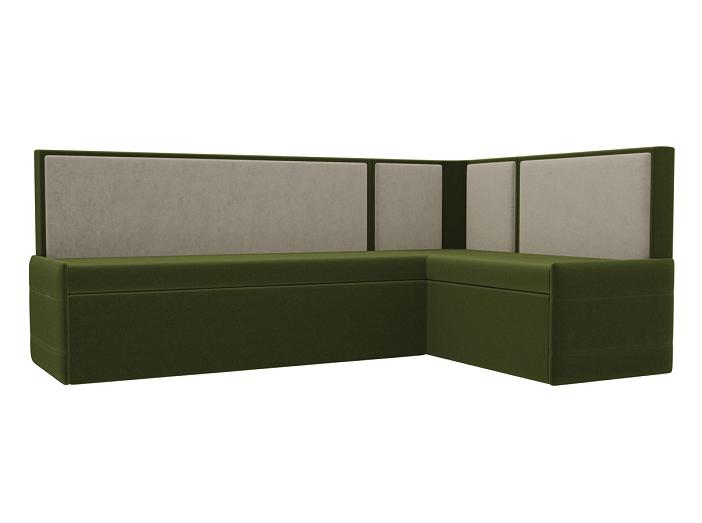 Кухонный угловой диван Кристина правый (основа микровельвет зеленый, компаньон микровельвет бежевый)