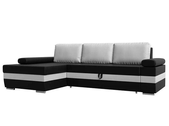 Угловой диван Канкун левый угол основа экокожа Чёрная, вставка экокожа Белая, подушки экокожа Белая