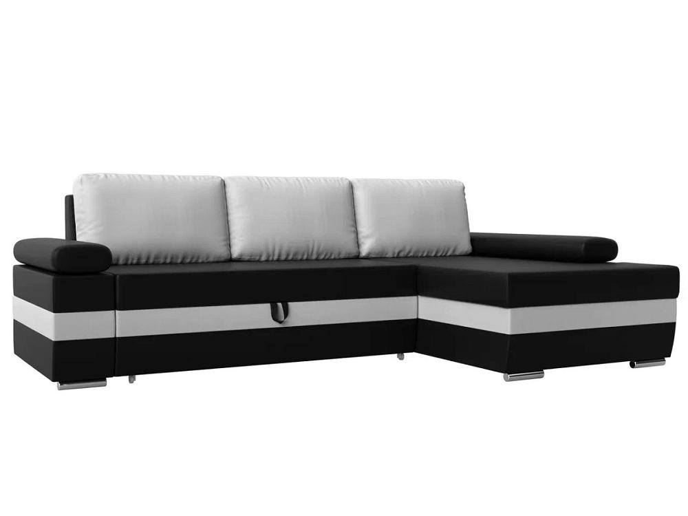 Угловой диван Канкун правый угол основа экокожа Чёрная, вставка экокожа Белая, подушки экокожа Белая