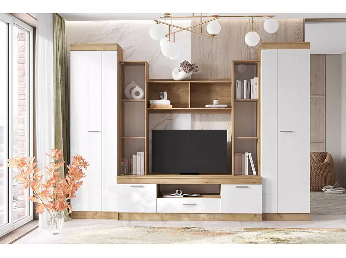 Гостиная Атлантида 6 (Белый Глянец, Дуб Крафт)