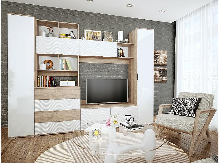 Гостиная Терра-01 Белый глянец/Дуб сонома