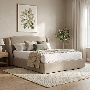 Кровать Лотос велюр бежевый с подъемным механизмом 1600x2000, ортопедическое основание, изголовье мягкое