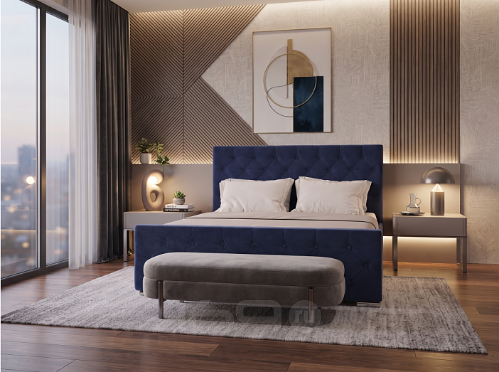 Кровать ИНТЕРО велюр индиго 1400x2000, изголовье мягкое