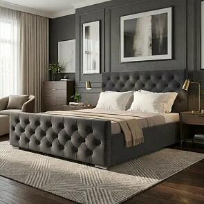 Кровать ИНТЕРО велюр серый 1600x2000, изголовье мягкое