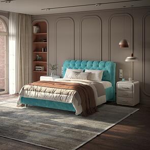 Кровать Chester Tall велюр лофти лазурь 1400x2000, изголовье мягкое