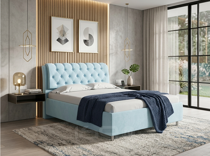 Кровать Chester Tall велюр teddy 028 морозная свежесть без П/М 140x200, без ортопедического основания, изголовье мягкое