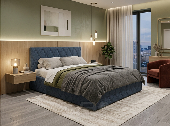 Кровать Fresco с бельевым ящиком рогожка nice океан 1400x2000, изголовье мягкое