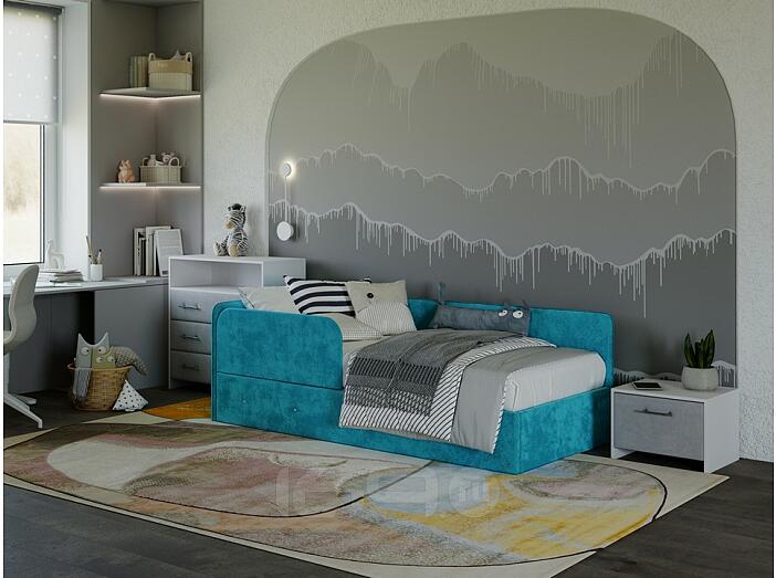 Кровать Umka велюр лофти лазурь С П/М 800x2000, изголовье мягкое