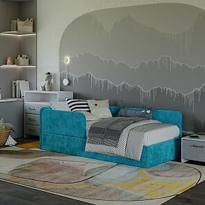 Кровать Umka велюр лофти лазурь С П/М 900x2000, изголовье мягкое