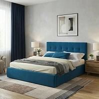 Кровать Селеста велюр синий с подъемным механизмом 1600x2000, ортопедическое основание, изголовье мягкое
