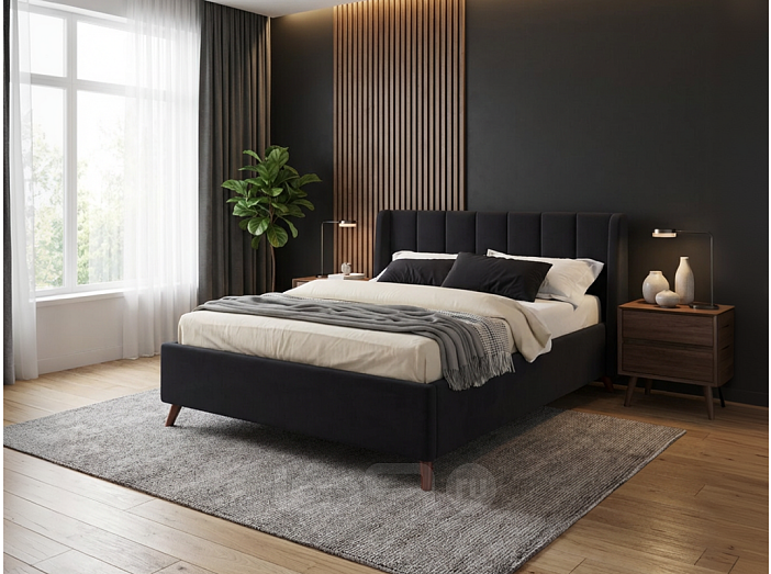 Кровать Betsi велюр черный С П/М 1600x2000, ортопедическое основание, изголовье мягкое