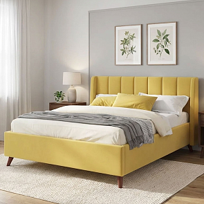 Кровать Betsi велюр жёлтый с подъемным механизмом 1600x2000, ортопедическое основание, изголовье мягкое