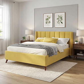 Кровать Betsi велюр жёлтый с подъемным механизмом 1600x2000, ортопедическое основание, изголовье мягкое