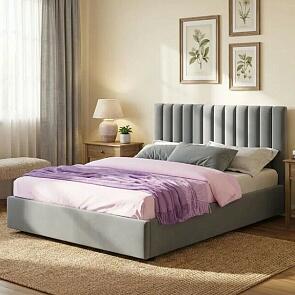 Кровать Olivia велюр серый с подъемным механизмом 1400x2000, ортопедическое основание, изголовье мягкое