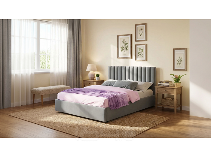 Кровать Olivia велюр серый С П/М 1400x2000, ортопедическое основание, изголовье мягкое