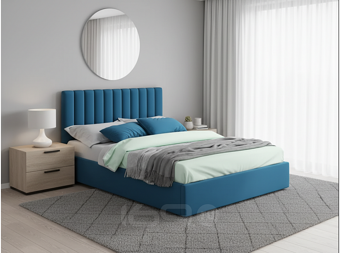 Кровать Olivia велюр синий С П/М 1400x2000, ортопедическое основание, изголовье мягкое