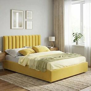 Кровать Olivia велюр жёлтый с подъемным механизмом 1400x2000, ортопедическое основание, изголовье мягкое
