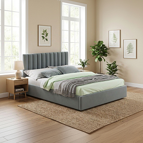Кровать Olivia велюр серый без подъёмного механизма 1600x2000, изголовье мягкое