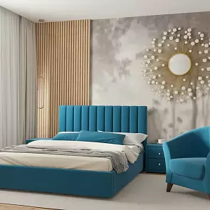 Кровать Olivia велюр синий С П/М 1600x2000, ортопедическое основание, изголовье мягкое