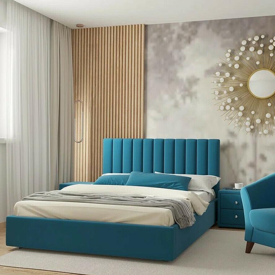 Мягкая кровать Olivia 1600 синяя с подъемным механизмом 25200₽