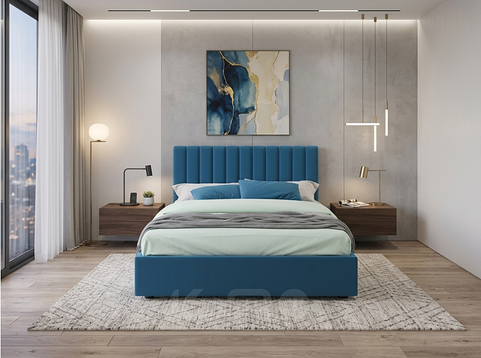 Кровать Olivia велюр синий С П/М 1800x2000, ортопедическое основание, изголовье мягкое