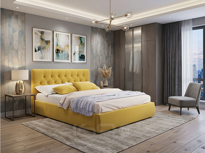 Кровать Verona велюр желтый без П/М 1400x2000, ортопедическое основание, изголовье мягкое