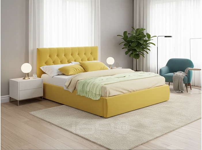 Кровать Verona велюр жёлтый С П/М 1400x2000, ортопедическое основание, изголовье мягкое