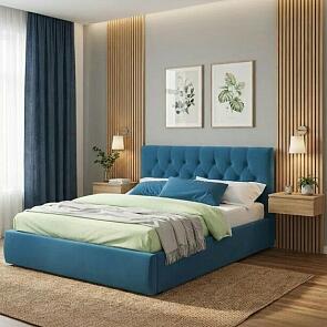 Кровать Verona велюр синий без подъёмного механизма 1600x2000, изголовье мягкое