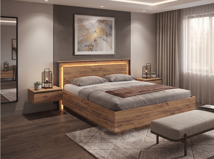 Кровать Наоми с подсветкой без обивки черный, дуб крафт без П/М 160x200, изголовье жесткое