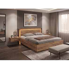 Кровать Наоми с подсветкой без обивки черный, дуб крафт без П/М 160x200, изголовье жесткое