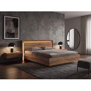 Кровать Наоми с подсветкой без обивки черный, дуб крафт без П/М 160x200, изголовье жесткое