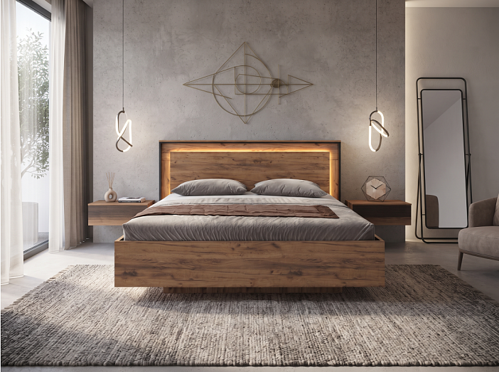 Кровать Наоми с подсветкой без обивки черный, дуб крафт С П/М 160x200, ортопедическое основание, изголовье жесткое