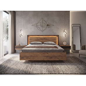 Кровать Наоми с подсветкой без обивки черный, дуб крафт С П/М 160x200, ортопедическое основание, изголовье жесткое