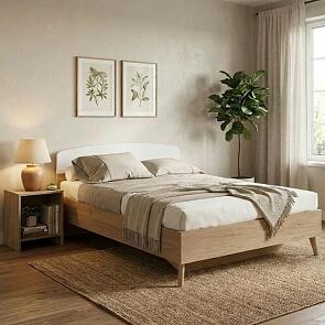 Кровать Калгари без обивки белый матовый, дуб натуральный светлый без подъёмного механизма 1600x2000, ортопедическое основание, изголовье жесткое