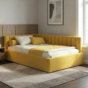 Кровать Milena велюр желтый с подъемным механизмом 1200x2000, ортопедическое основание, изголовье мягкое