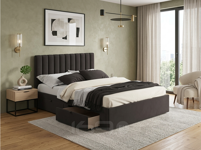 Кровать Olivia велюр шоколад без П/М 1600x2000, изголовье мягкое