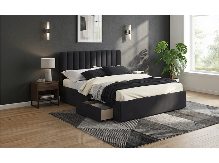 Кровать Olivia велюр черный без П/М 1600x2000, ортопедическое основание, изголовье мягкое