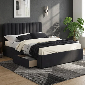 Кровать Olivia велюр черный без П/М 1600x2000, ортопедическое основание, изголовье мягкое
