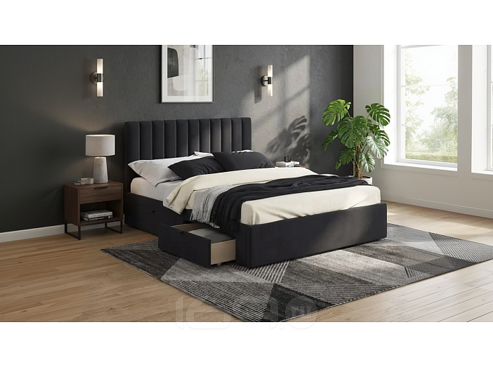 Кровать Olivia велюр черный без П/М 1600x2000, ортопедическое основание, изголовье мягкое