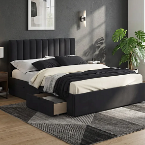 Кровать Olivia велюр черный без П/М 1600x2000, ортопедическое основание, изголовье мягкое
