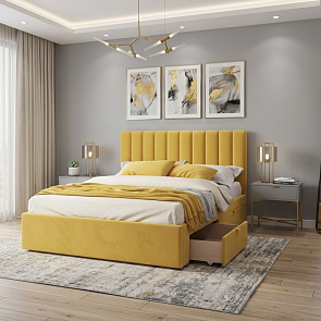 Кровать Olivia велюр желтый без П/М 1600x2000, ортопедическое основание, изголовье мягкое