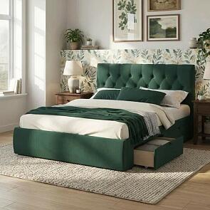 Кровать Verona велюр изумруд без подъёмного механизма 1600x2000, ортопедическое основание, изголовье мягкое